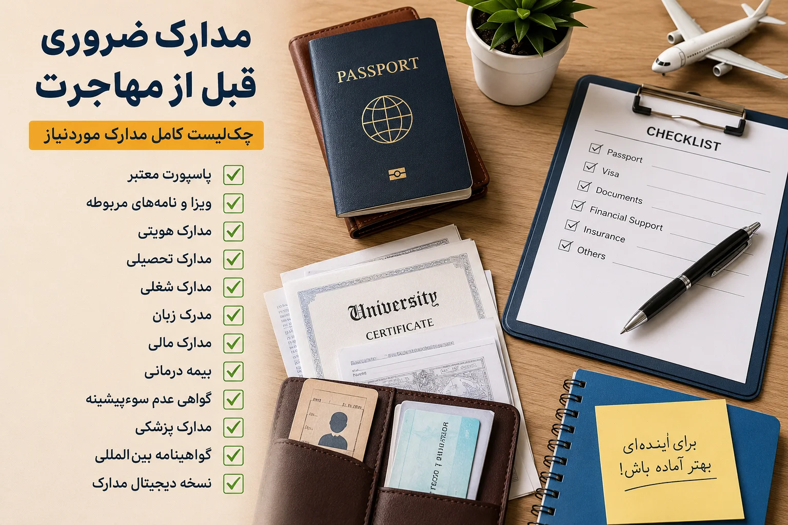 مدارک ضروری قبل از مهاجرت شامل پاسپورت، مدارک تحصیلی، ویزا و اسناد موردنیاز برای مهاجرت