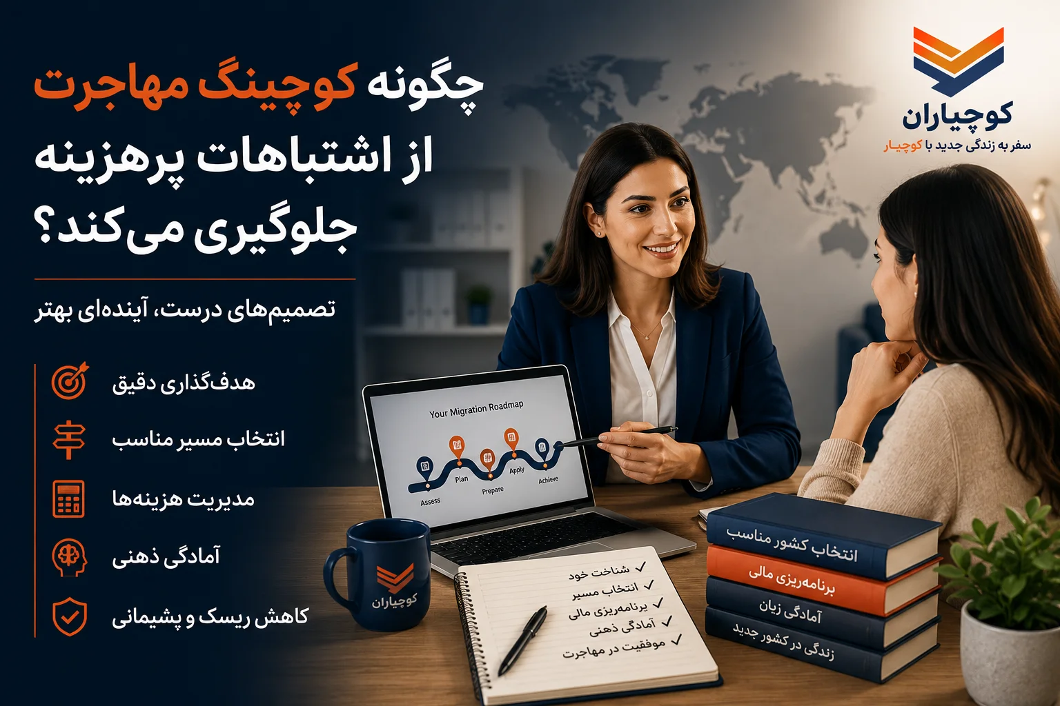 کوچ مهاجرت در حال راهنمایی متقاضی مهاجرت برای انتخاب بهترین مسیر و جلوگیری از اشتباهات پرهزینه