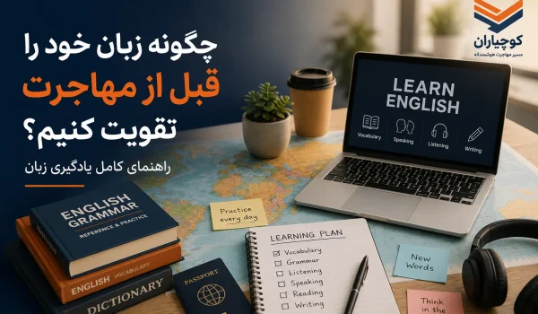 فردی در حال یادگیری زبان انگلیسی قبل از مهاجرت با لپ‌تاپ، کتاب‌های آموزش زبان، هدفون و نقشه جهان روی میز مطالعه